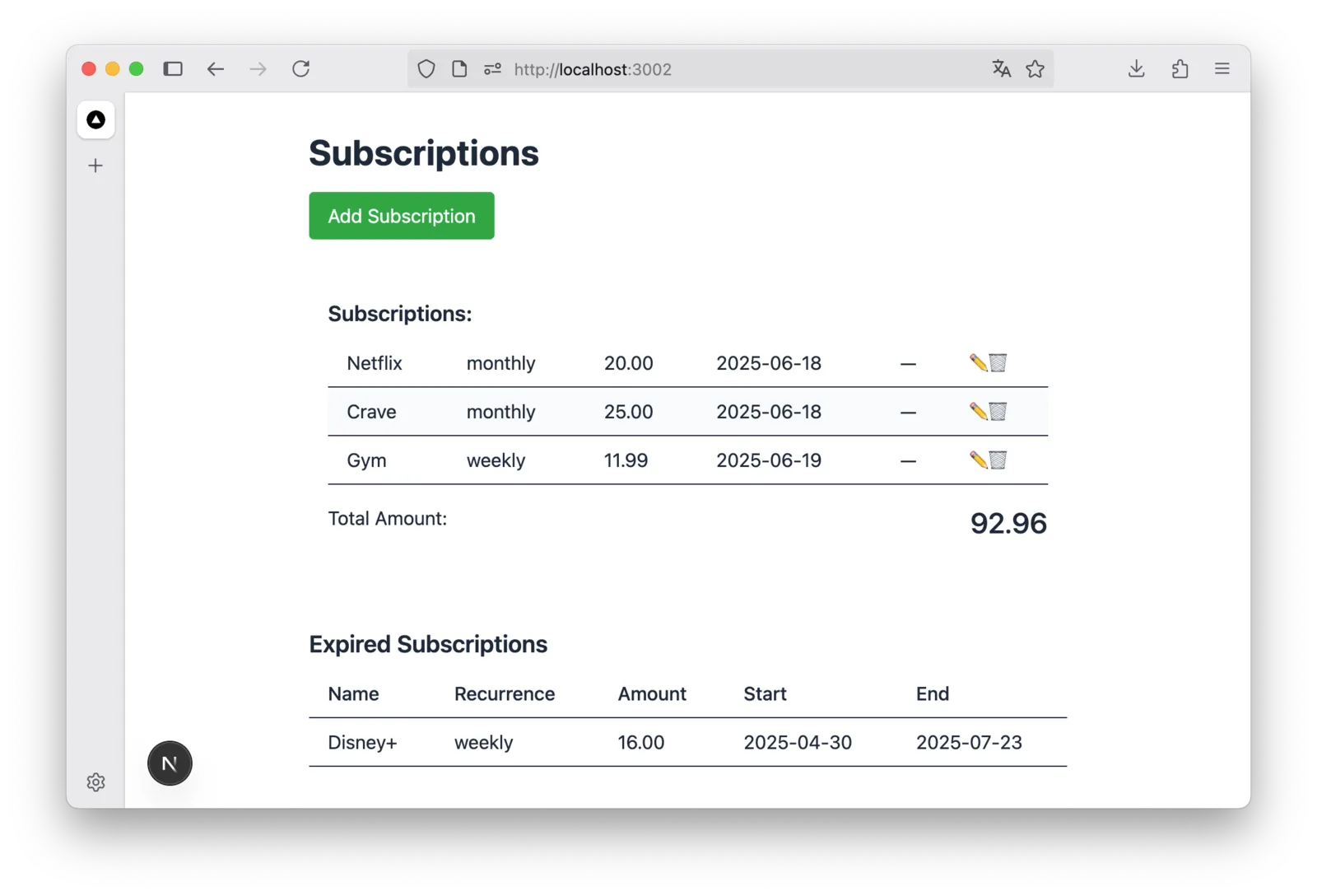 Subscriptions list in the resulting app