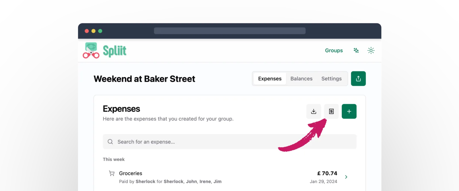 Screenshot of the new Receipt button in Spliit’s UI