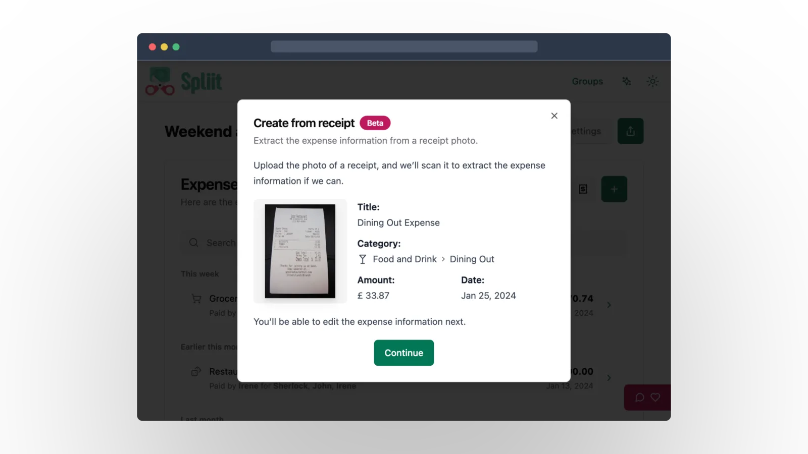 Screenshot of the new dialog to create an expense by scanning its receipt