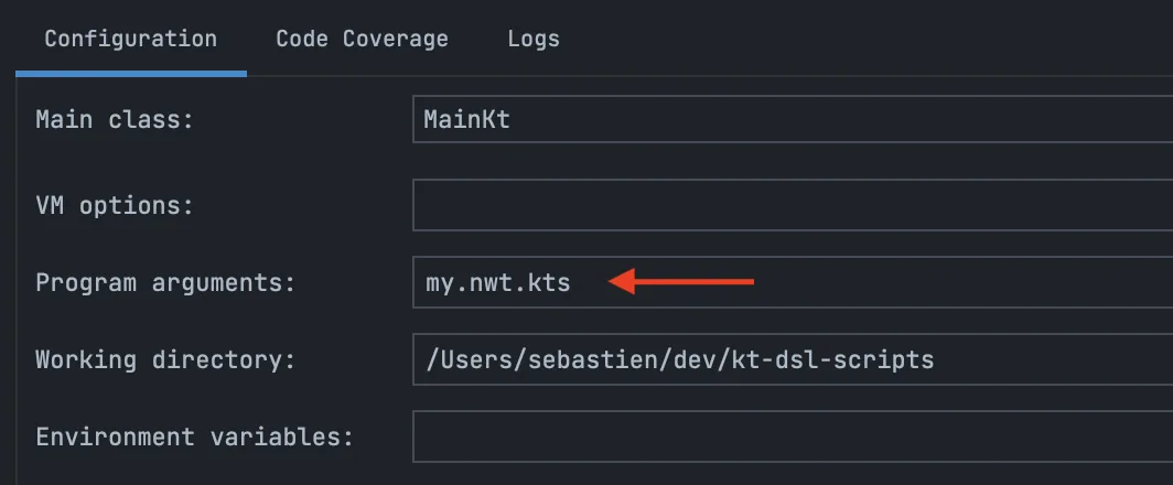 Update the run configuration to include the script name as argument.