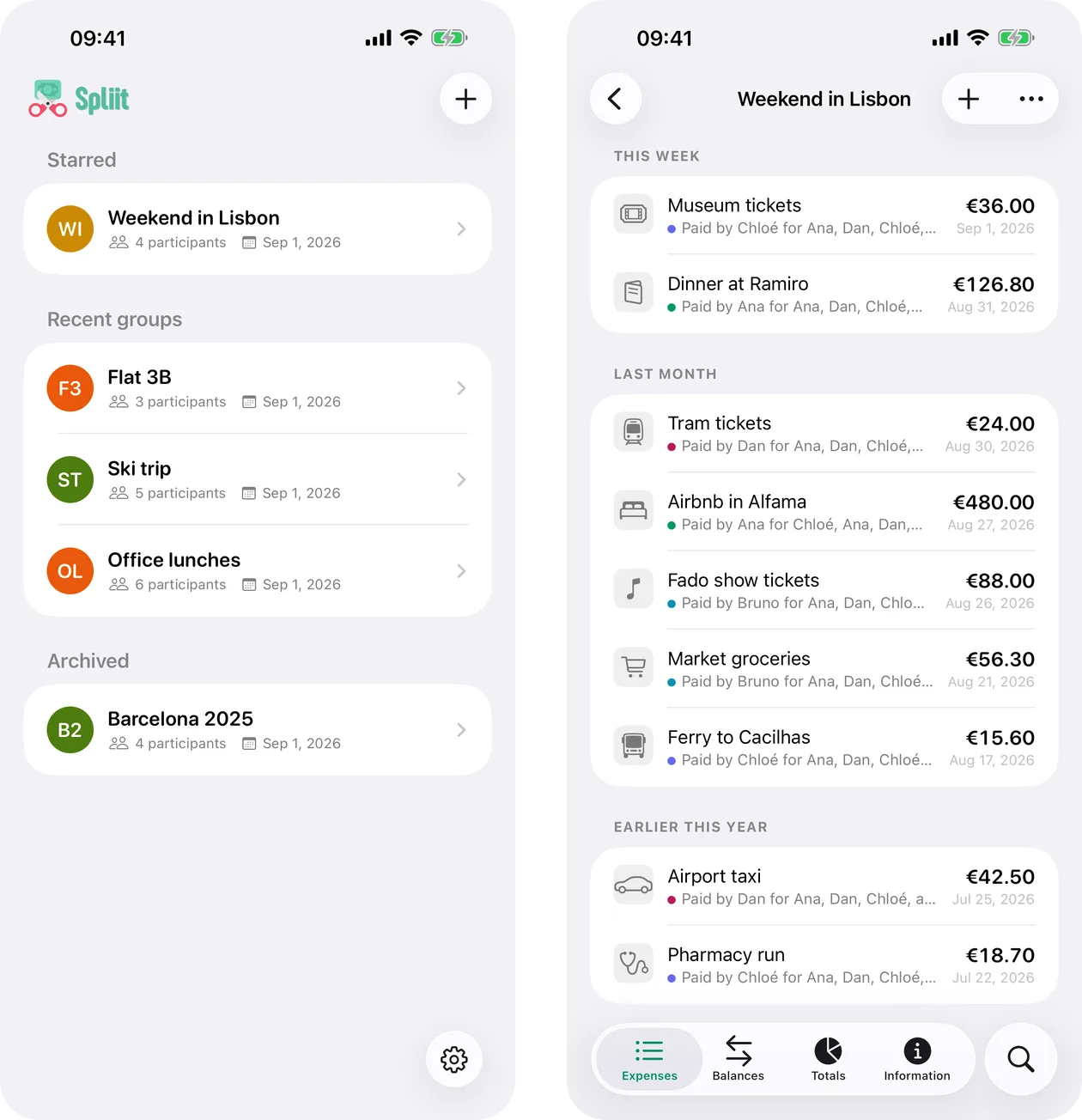 The groups list and a group's expenses, bucketed by date