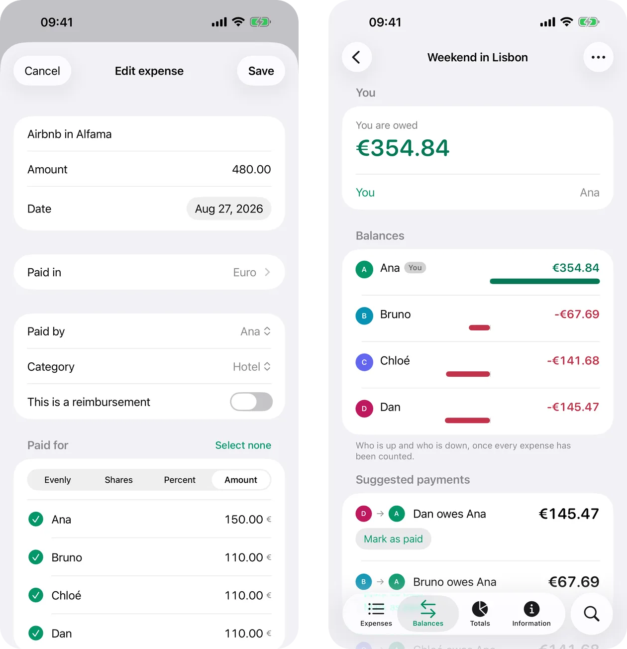 The split modes on an expense, and the balances screen of a group